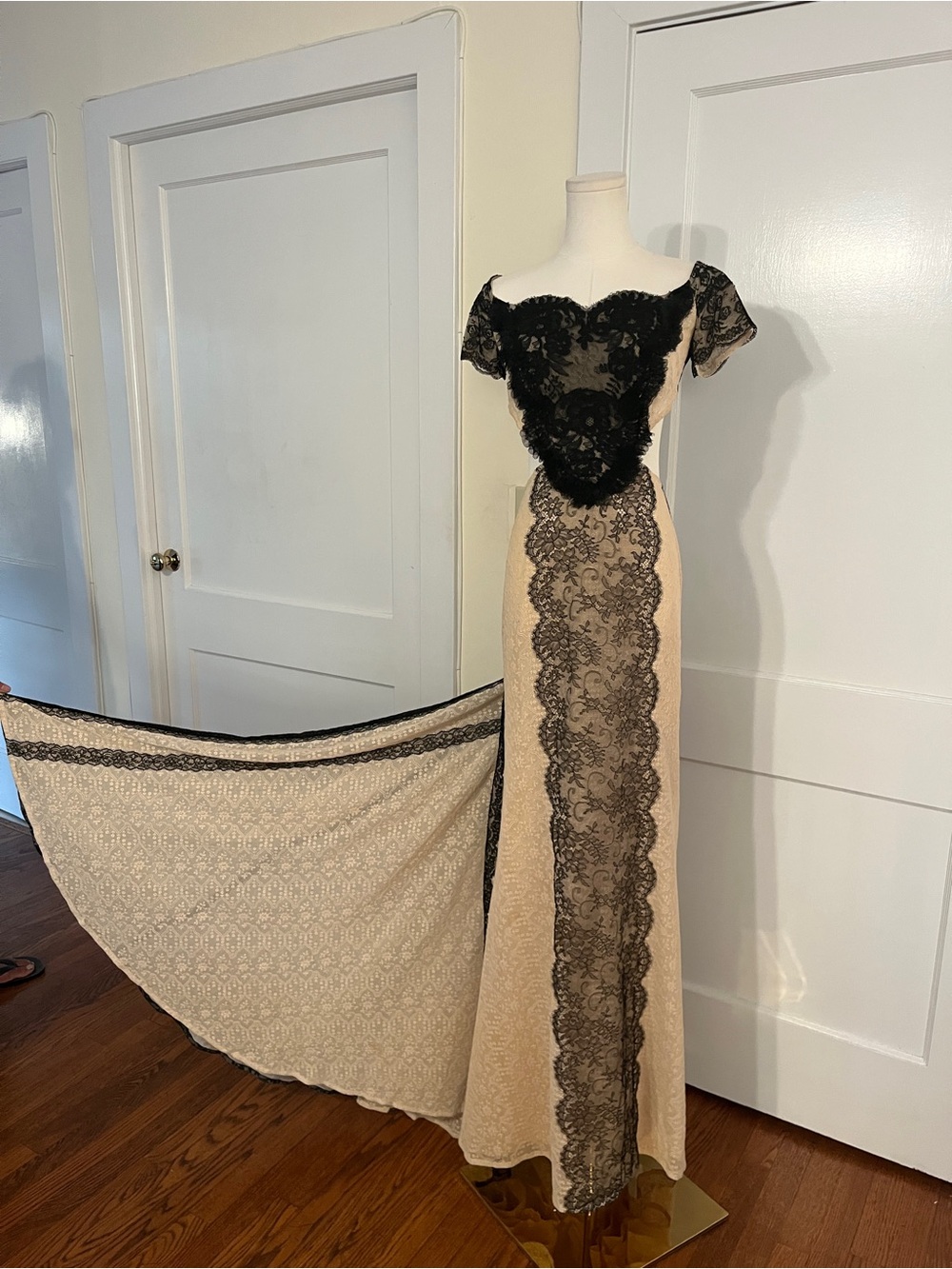 Christian Lacroix Black & Ivory Lace Gown—Dramatic Open Back & Train